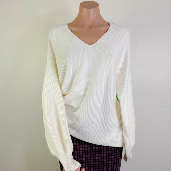 1 State V Neck Ribbed Knit Balloon Sleeve Pullover Sweater White Cream Large NWT - Picture 12 of 12